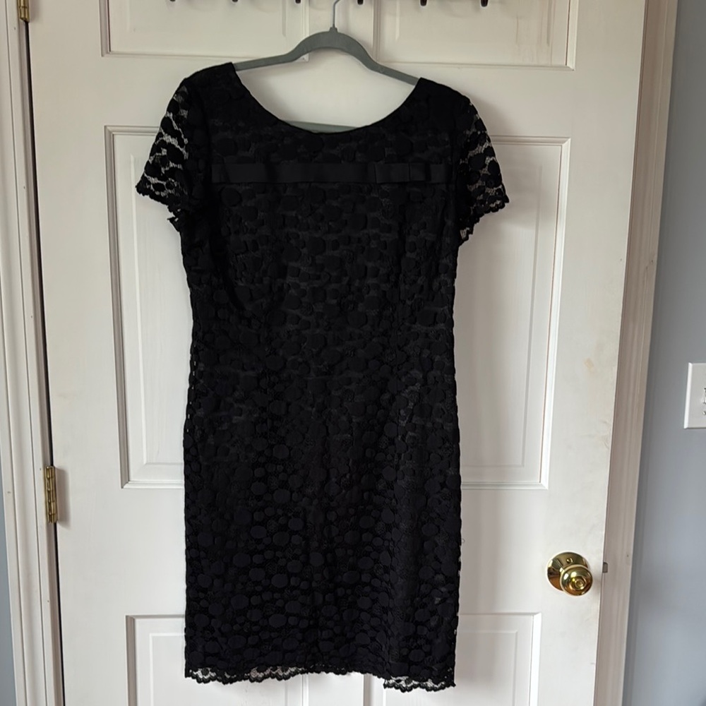 Talbots Black Sheath With Lace Overlay Midi Dress Scoop Neck Short Sleeve